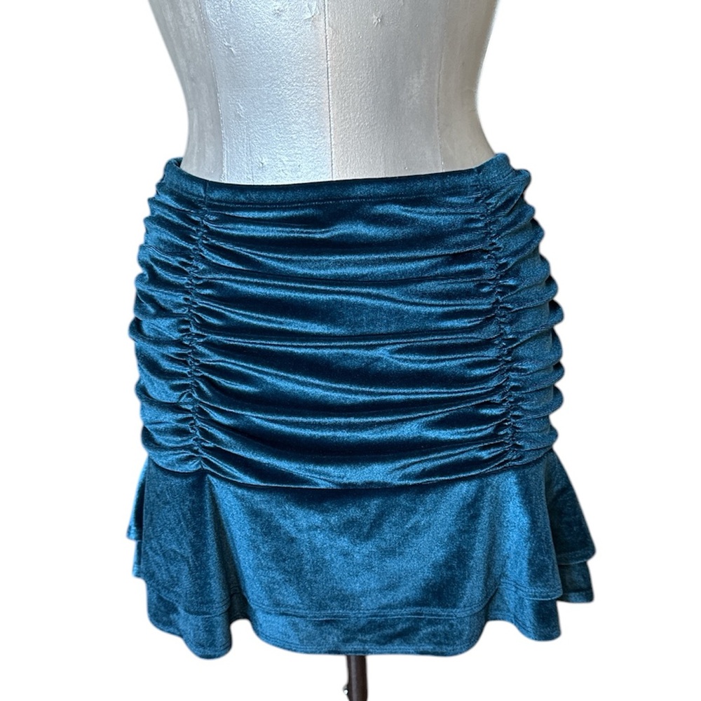 Wild Fable Juniors Stretch Velvet Mini Skirt ruched with ruffles Teal Small
